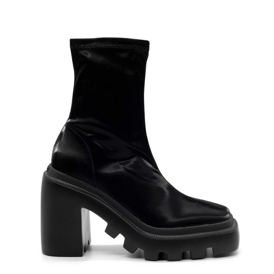 Women VIC MATIE | Gear Heel Black Ankle Boots In Wet-Effect Technical Satin